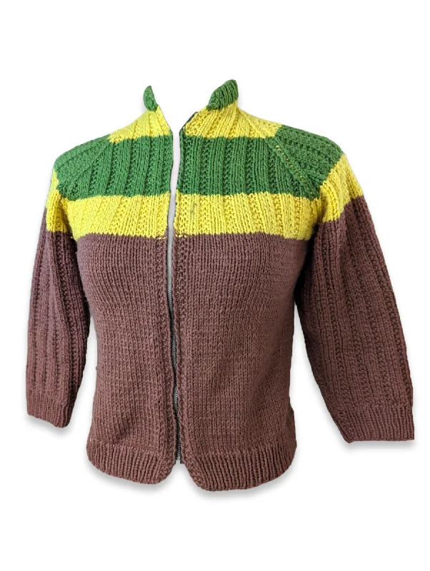 1970s Color Block Handmade Knit Zip Up Sweater