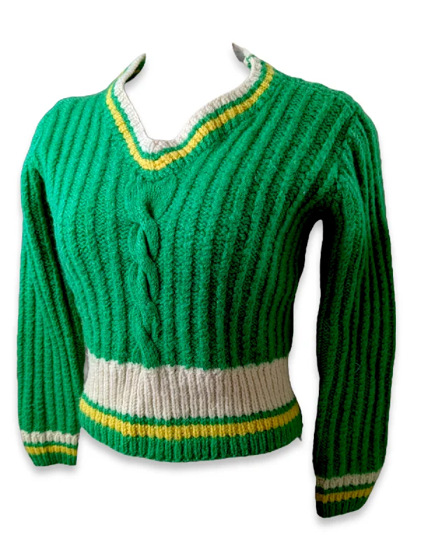 1950s - 1970s Cable Knit Handmade Wool V Neck Sweater in Green, Yellow and Cream