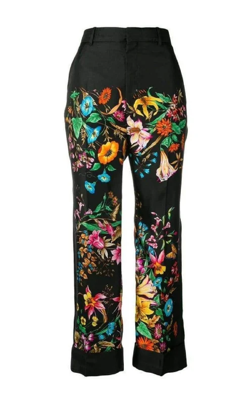 Floral Print Cropped Silk Trousers Pants