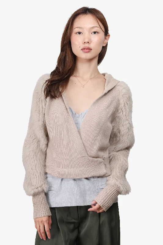 3.1 Phillip Lim Beige Wool/Cashmere Rabit Fur Hooded Cardigan Size S