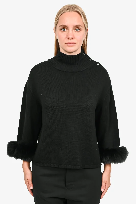 Alice + Olivia Black Fur Cuff Sweater Wool Turtle Neck w/ Button Neck