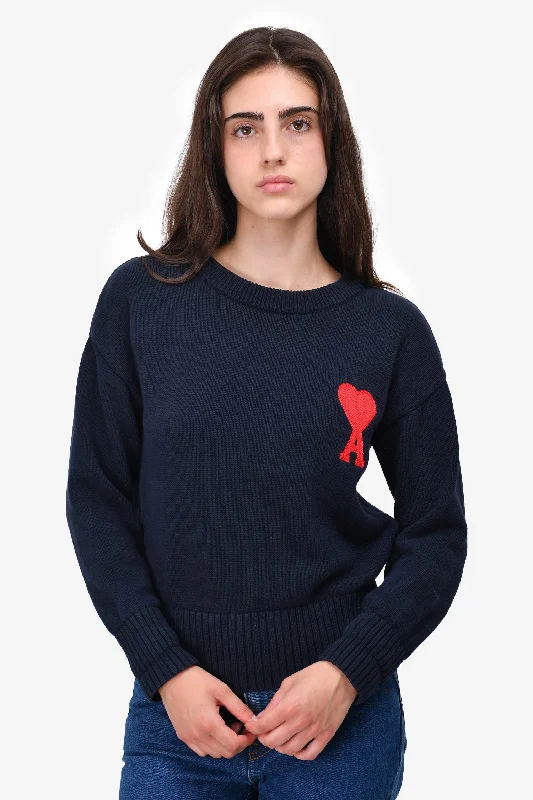 Ami Navy/Red Logo Embroidered Cropped Sweater Size M