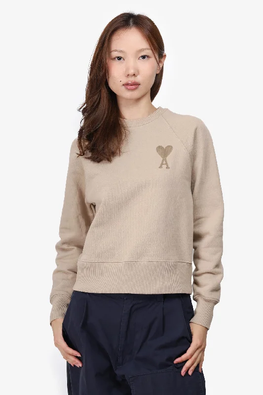 Ami Paris Beige Embossed Heart Crew Sweatshirt