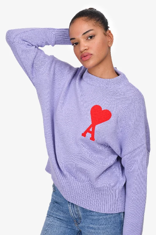 Ami Purple/Red Embroidered Heart Logo Crew Neck Sweater Size S