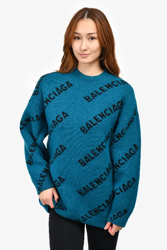 Balenciaga 2021 Teal Wool Monogram Sweater Size XS