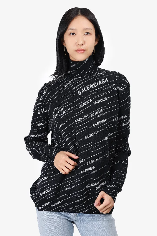 Balenciaga Black/White Wool All Over Logo Sweater Size M