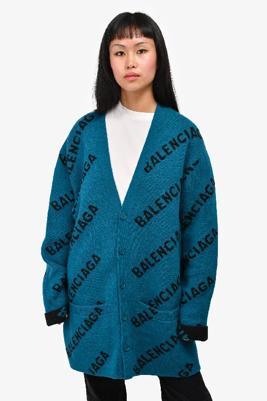 Balenciaga Teal/Black Wool Logo All Over Cardigan Size M