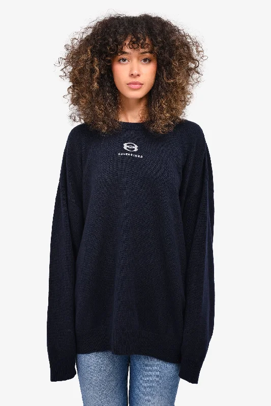 Balenciaga Unisex Wardrobe Navy Cashmere Logo Oversized Sweater Size M