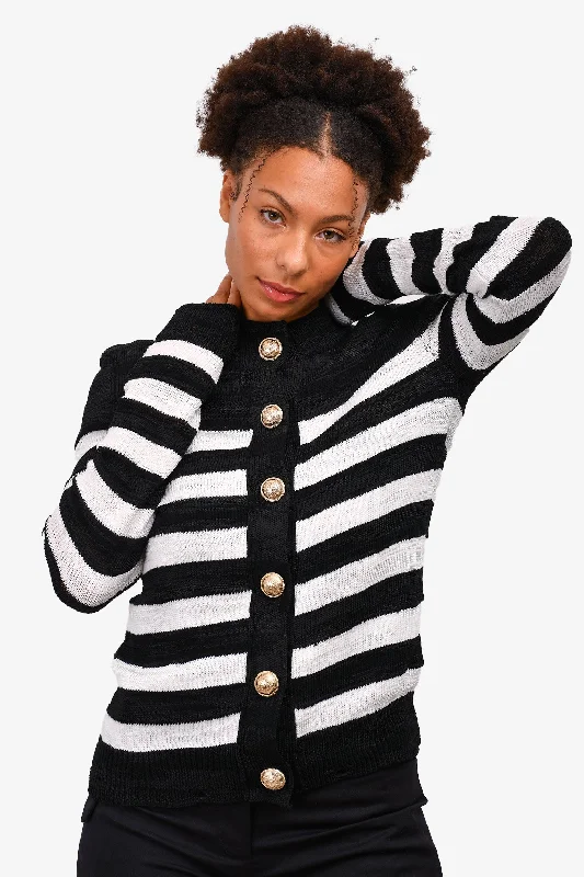 Balmain Black/White Striped Cotton Blend Cardigan Size 38