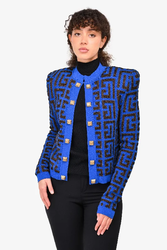 Balmain Blue Metallic Monogram Jacquard Cardigan Sweater with Shoulder Pads Size 34