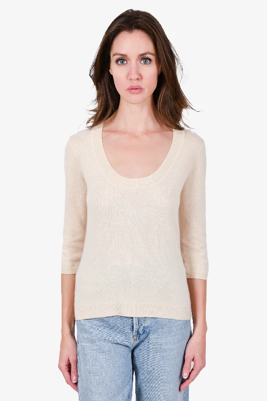 Barney's New York Cream Cashmere Scoop Neck 3/4 Sleeve Sweater Size S