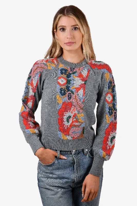 Barrie Grey Cashmere Embroidered Button Detail Sweater Size S