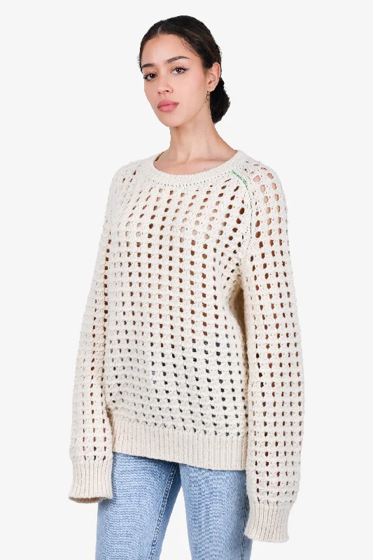 Bottega Veneta Cream Wool Open Knit Sweater with Green Stitching Size M