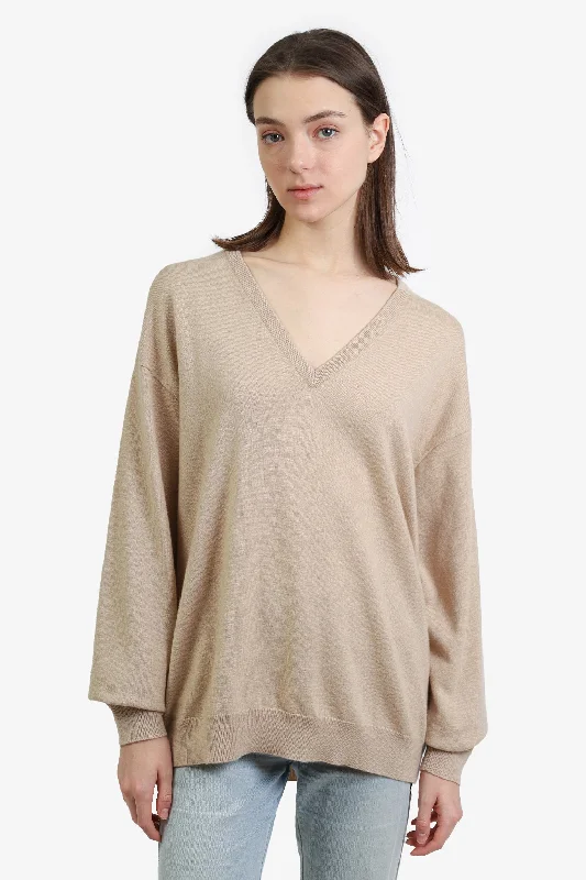 Brunello Cucinelli Beige Cashmere V-Neck Long-Sleeve Sweater size XL