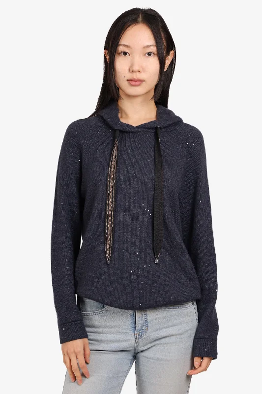 Brunello Cucinelli Navy Cashmere Hoodie Embellished with Micro Sequins Size S