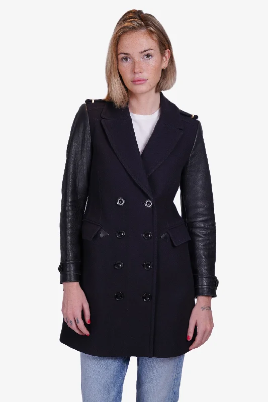 Burberry Brit Black Wool/Leather Double Breasted Trench Coat Size 2