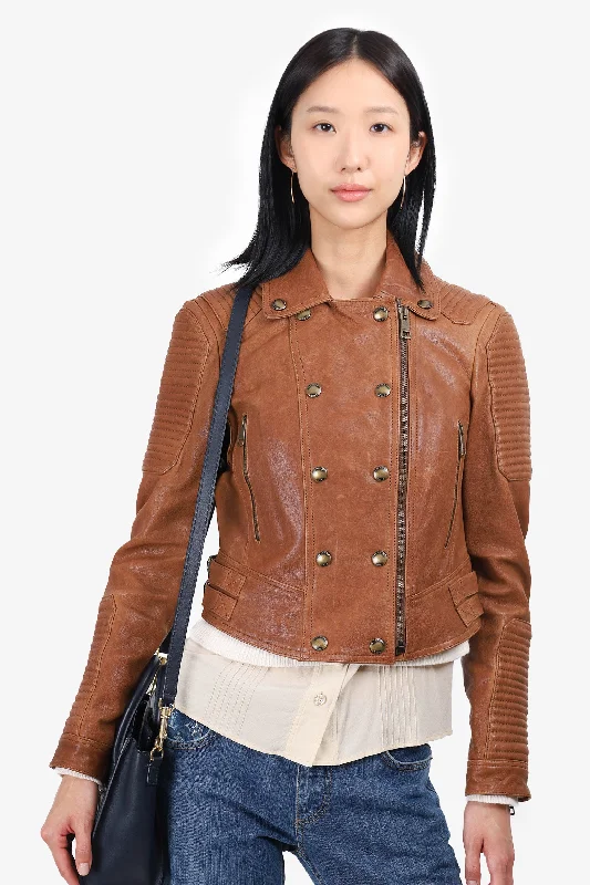 Burberry Brit Brown Leather Biker Jacket Size  6