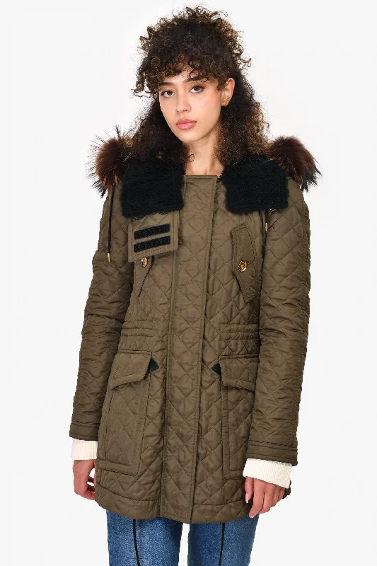 Burberry Brit Green Quilted Shearling/Fur Decorated Coat Size XS