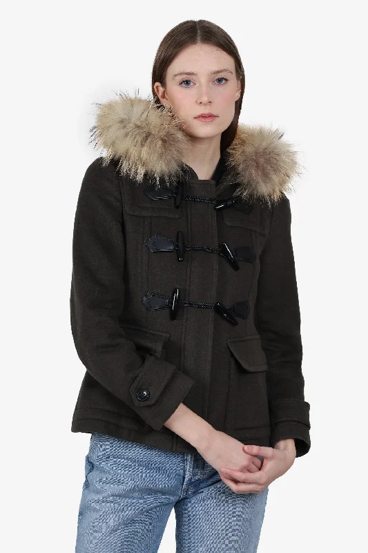 Burberry Brit Olive Fur Trim Toggle Coat Size 4