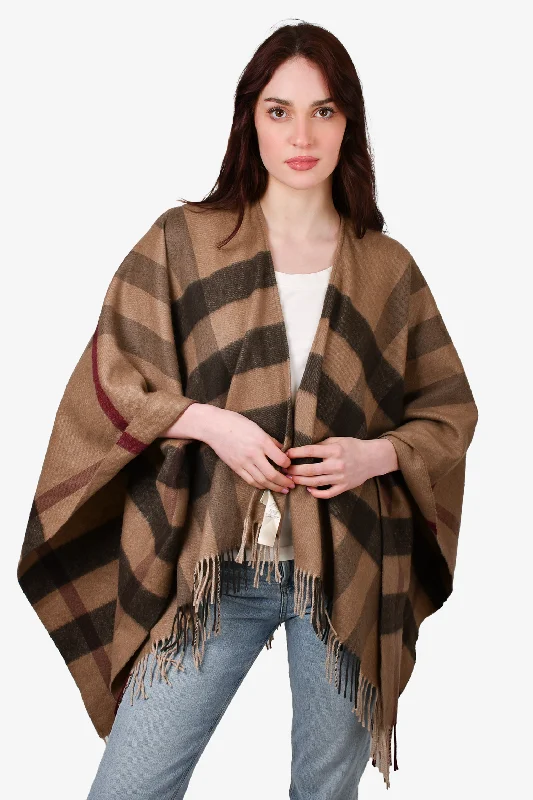 Burberry Brown Check Merino Wool/Cashmere Fringe Poncho