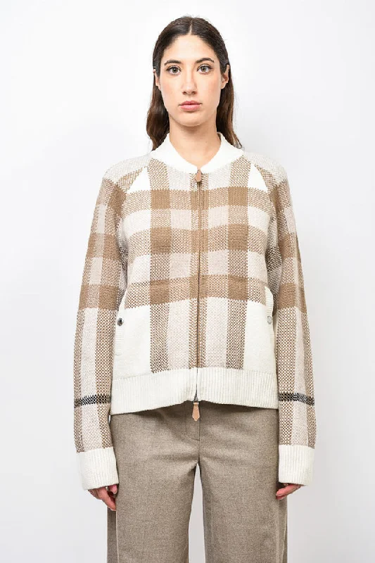 Burberry Cream/Beige Check Wool/Cashmere Knit 'Demmi' Zip-Up Sweater Size L