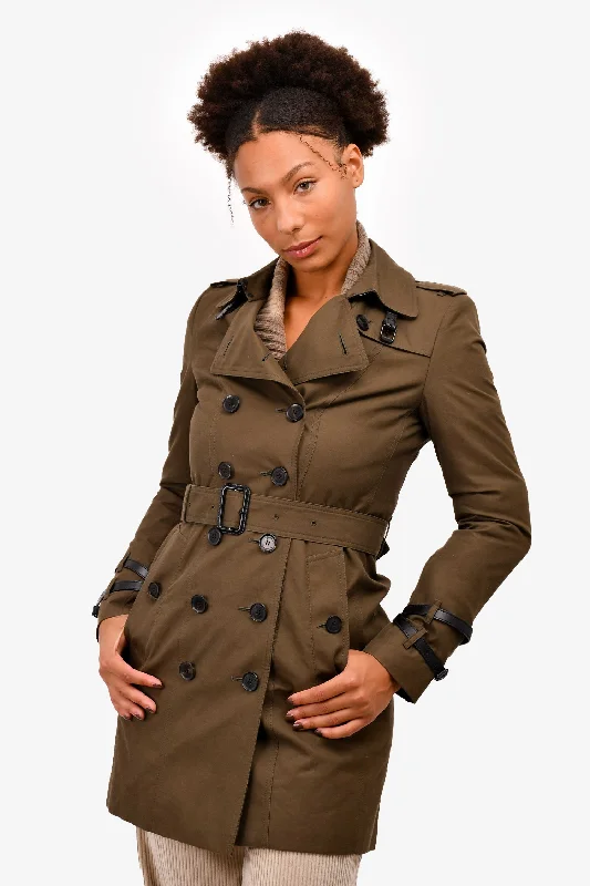 Burberry Green Trench Coat with Black Leather Trim Size 6