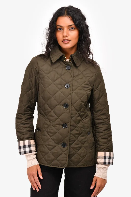 Burberry London Army Green Quilted Button-Up Jacket Size XS