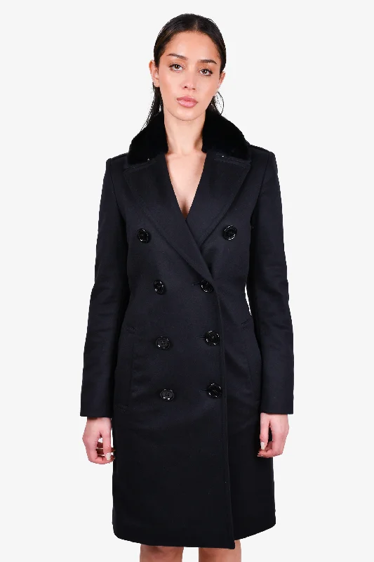 Burberry London Black Wool Rabbit Fur Collared Coat Size 4