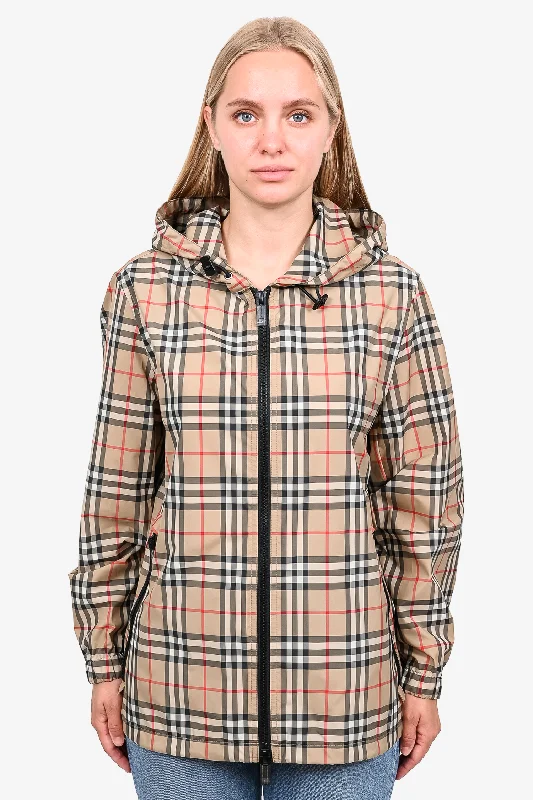 Burberry London Brown Check Nylon Zip-Up Windbreaker Hooded Jacket Size 6 US