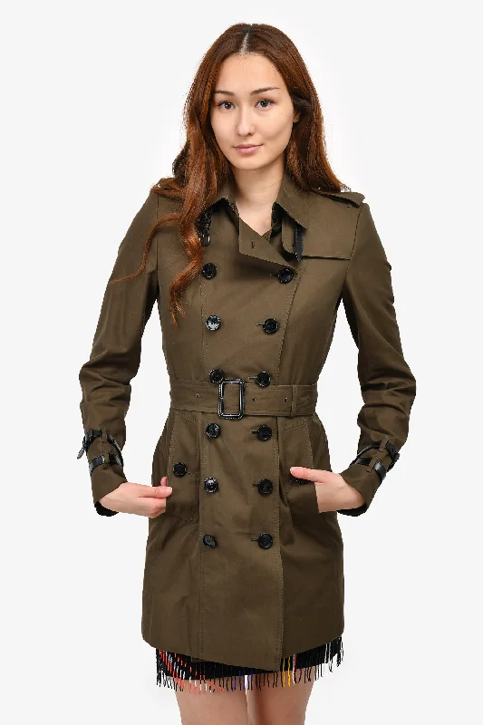 Burberry London Dark Green Leather Detail Trench Coat Size 6