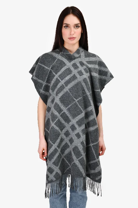 Burberry London Grey Wool Check Fringe Shawl