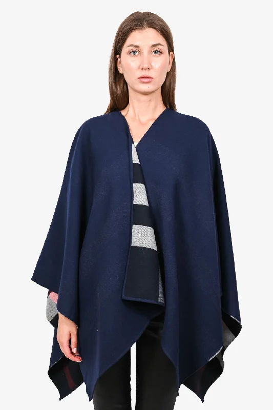 Burberry London Navy Blue/Check Merino Wool Poncho Cape