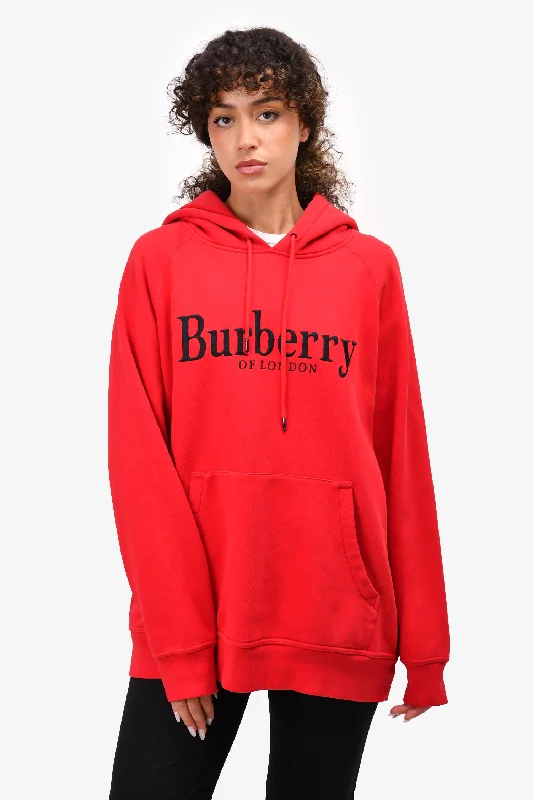 Burberry Red Logo Embroidered Hoodie Size L