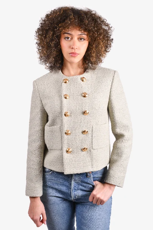 Celine 2021 Light Green Tweed Wool Button Detail Cropped Jacket Size 38