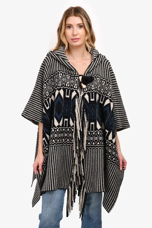 Chloe Black/White Wool/Cashmere Hooded Poncho Size XS