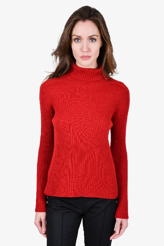 'S Max Mara Red Ribbed Knit Turtleneck Sweater