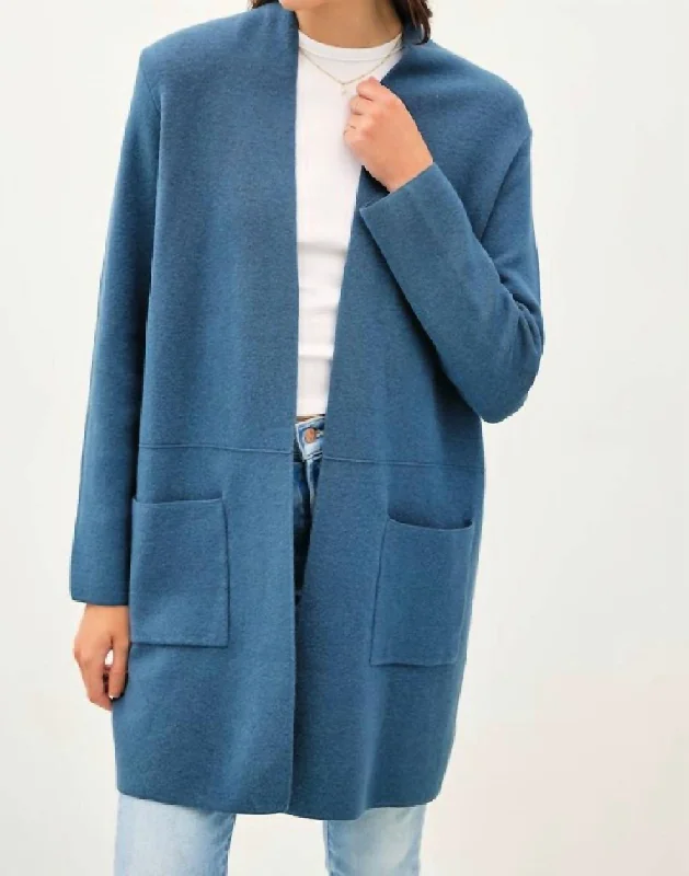 Open Front Knit Sweater Coat In Teal Blue