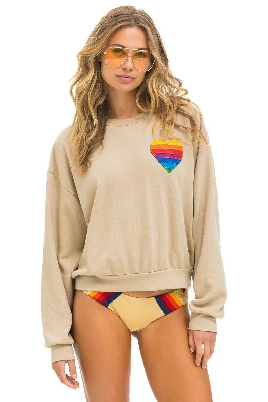 RAINBOW HEART STITCH RELAXED CREW SWEATSHIRT - SAND