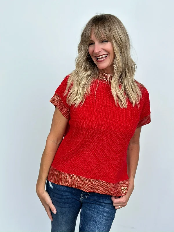 Tomato and Gold Short Sleeve Sweater