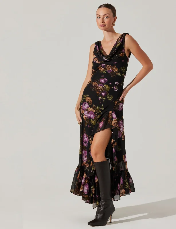 Cecilia Dress, Black/Purple/Floral