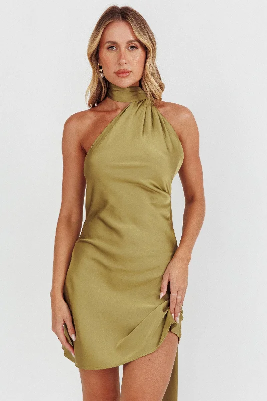 Awaken One-Shoulder Halter Mini Dress Sage