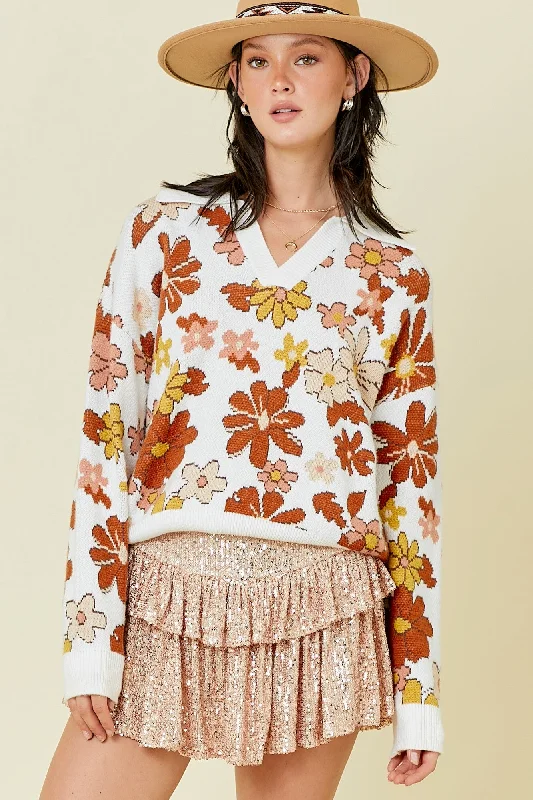 Brown And Ivory Floral Sweater