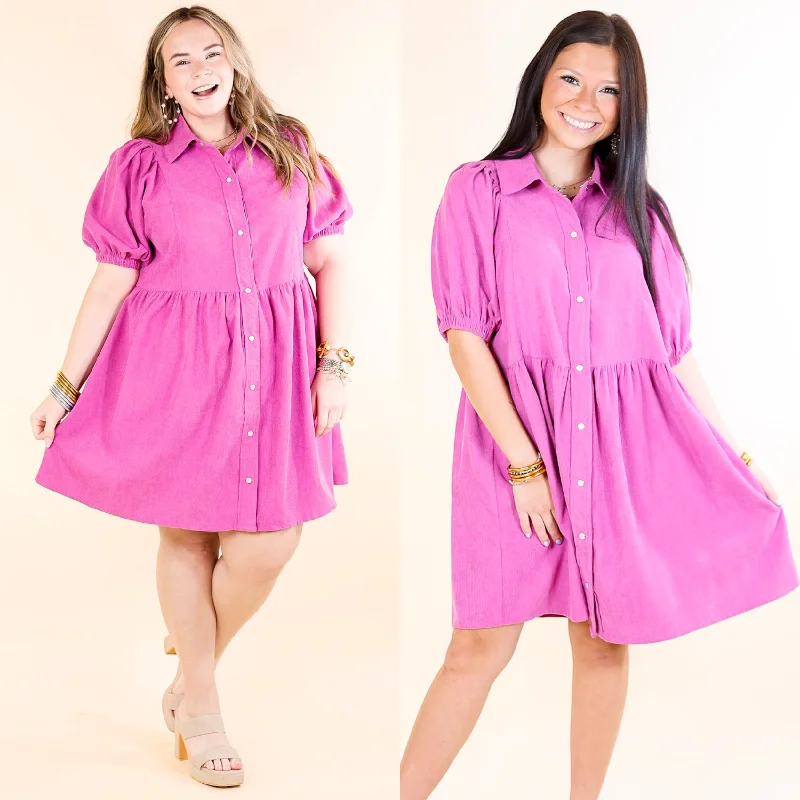 Adventures Ahead Button Up Corduroy Babydoll Dress in Magenta Pink Purple