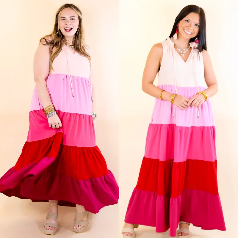 Calm Waters High Neck Tiered Maxi Dress in Pink Mix