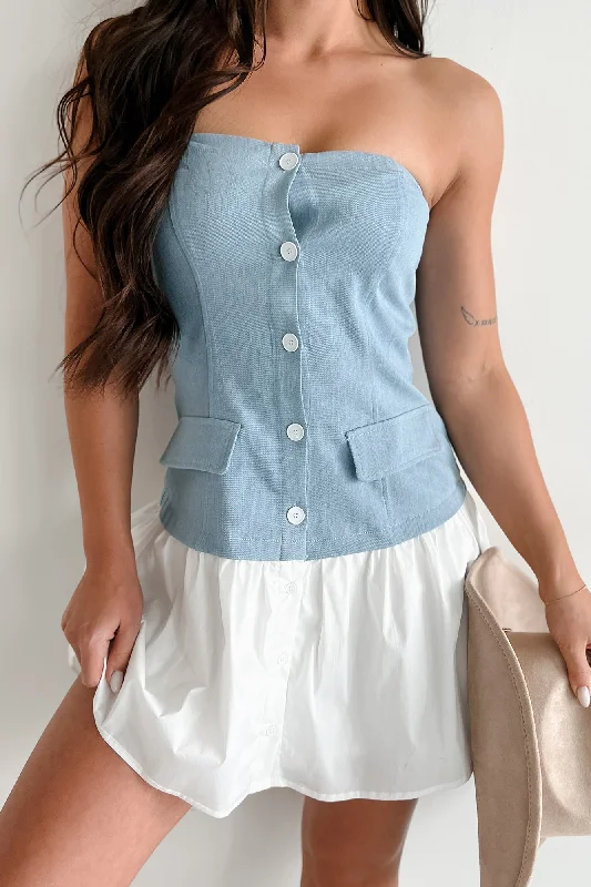 Chasing My Passions Strapless Denim Mini Dress (Denim Blue)