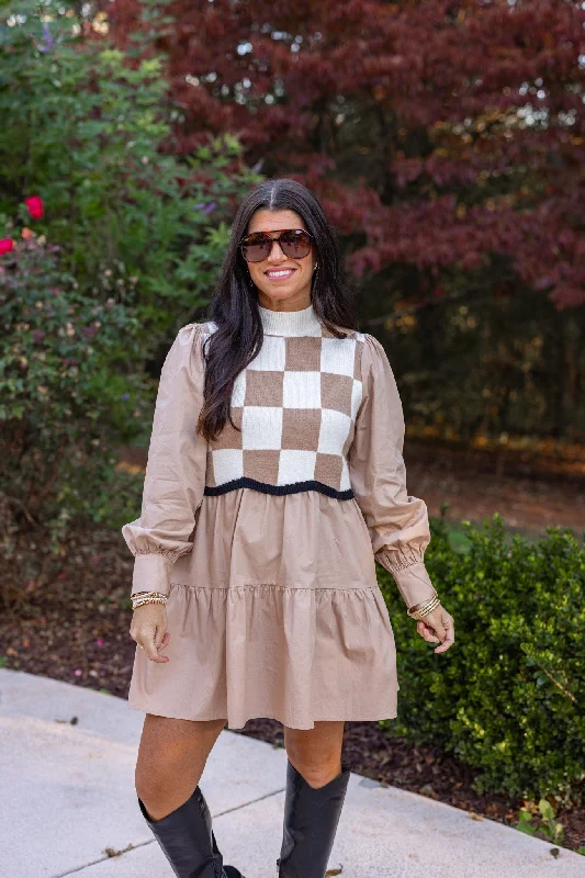 Checkered Darling Taupe Poplin Dress