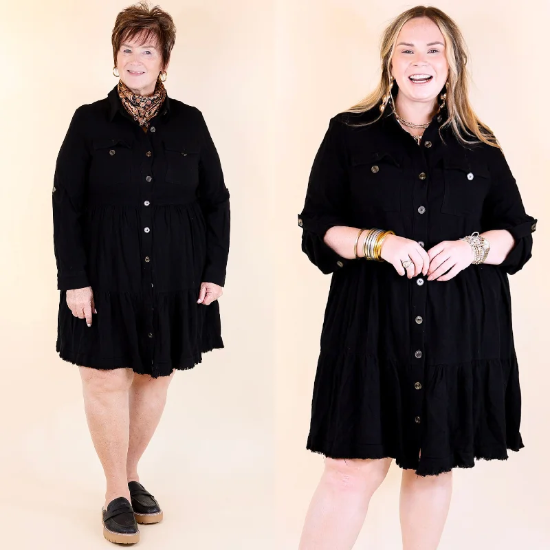 Chic Darling Ruffle Tiered Button Up Dress with Long Sleeves in Black