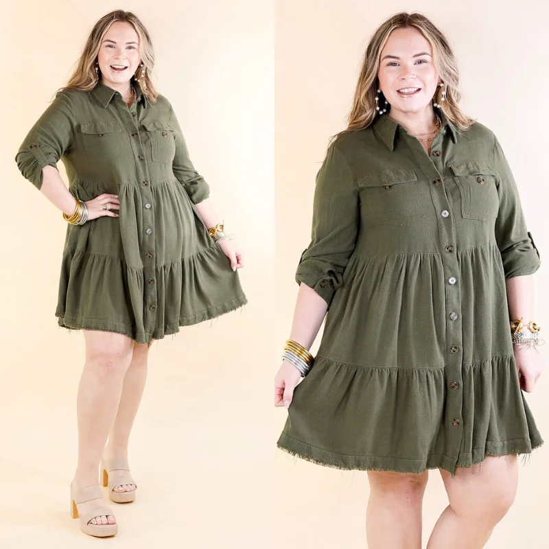 Chic Darling Ruffle Tiered Button Up Dress with Long Sleeves in Olive Green