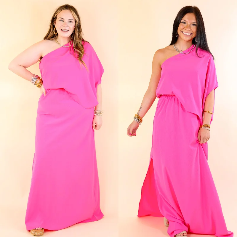 Chic Romance One Shoulder Unbalanced Maxi Dress in Fuchsia Pink