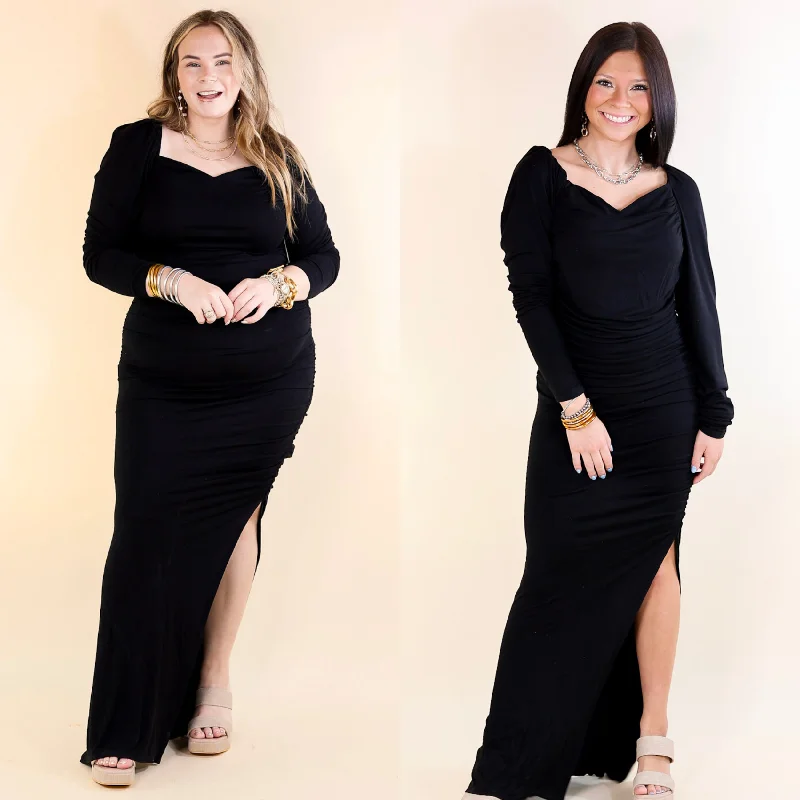 Classy Girl Long Sleeve Sweetheart Neckline Maxi Dress in Black